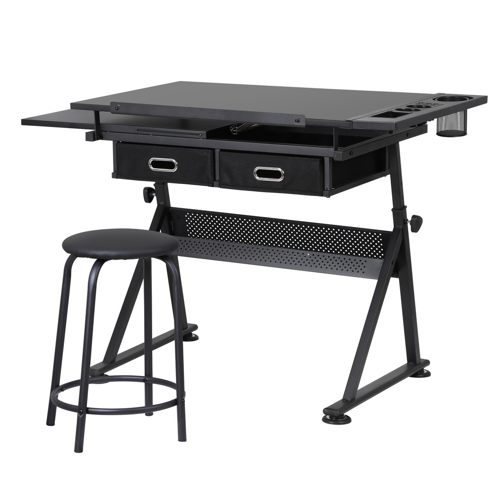 Adjustable Drafting Table Art Desk Drawing Table with Drawers, Stool Black