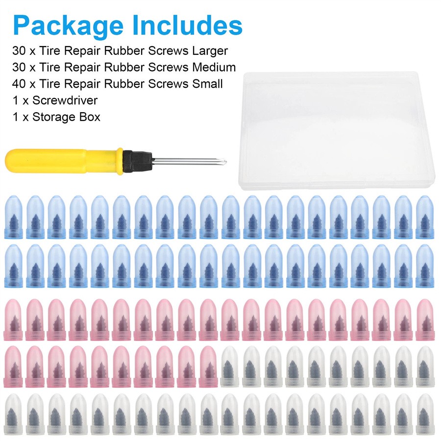 100PCS Tire Repair Screws Kit With Screwdriver 3 Sizes Rubber Plugs Flat Tires