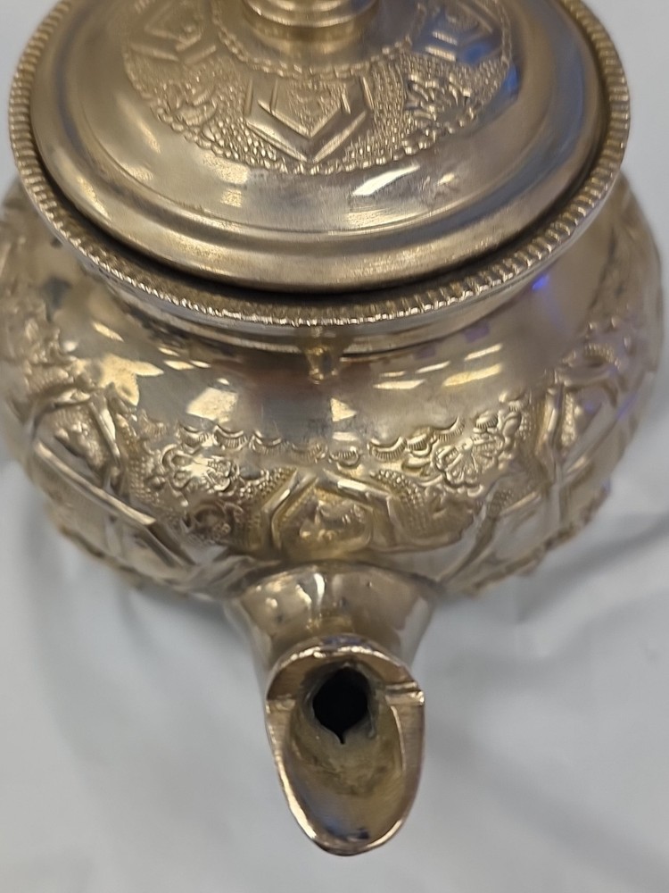 Middle Eastern Silver Plate Heavy Decorative Embossed Teapot w/ Hinged Lid