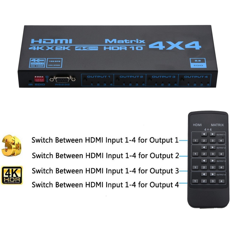 4 In 4 Out 4K HDMI Matrix Switch with EDID Extractor and IR Remote Control