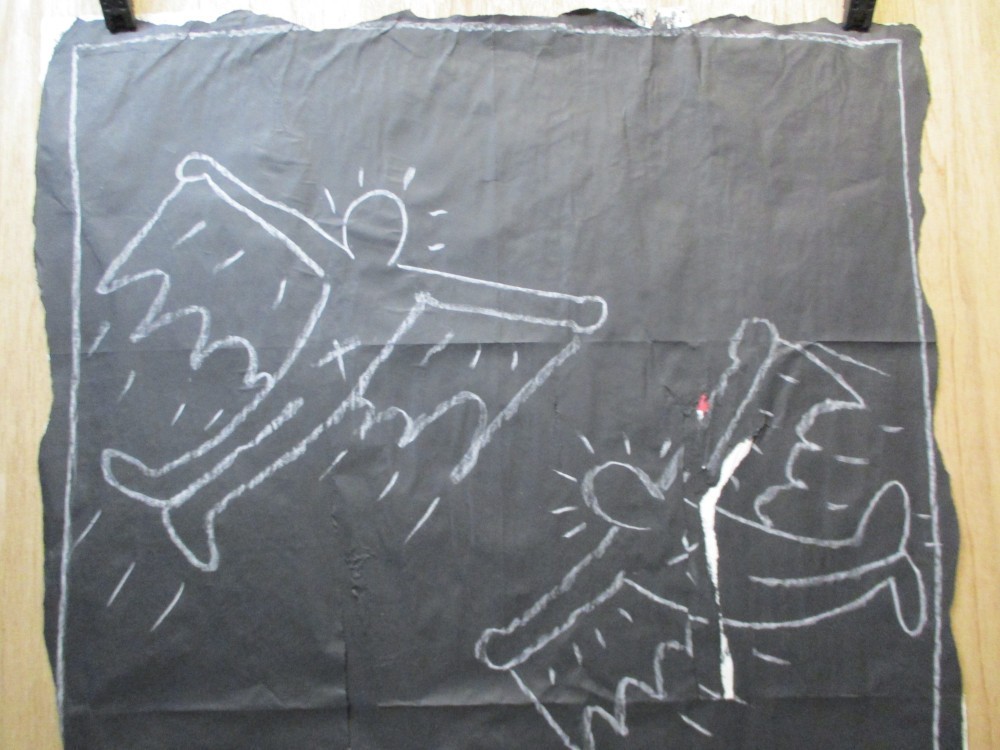 SUBWAY DRAWING chalk on black paper flying batguys NYC 85 graffiti KEITH HARING