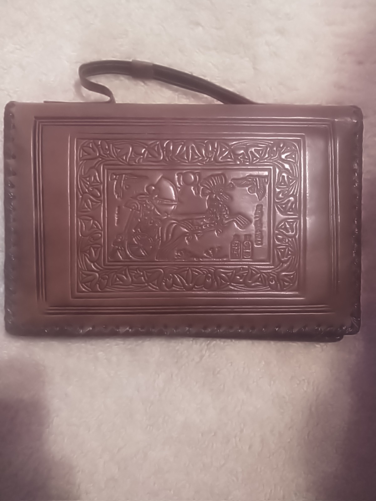 Vintage Hand Tooled Leather Embossed Egyptian Themed Purse