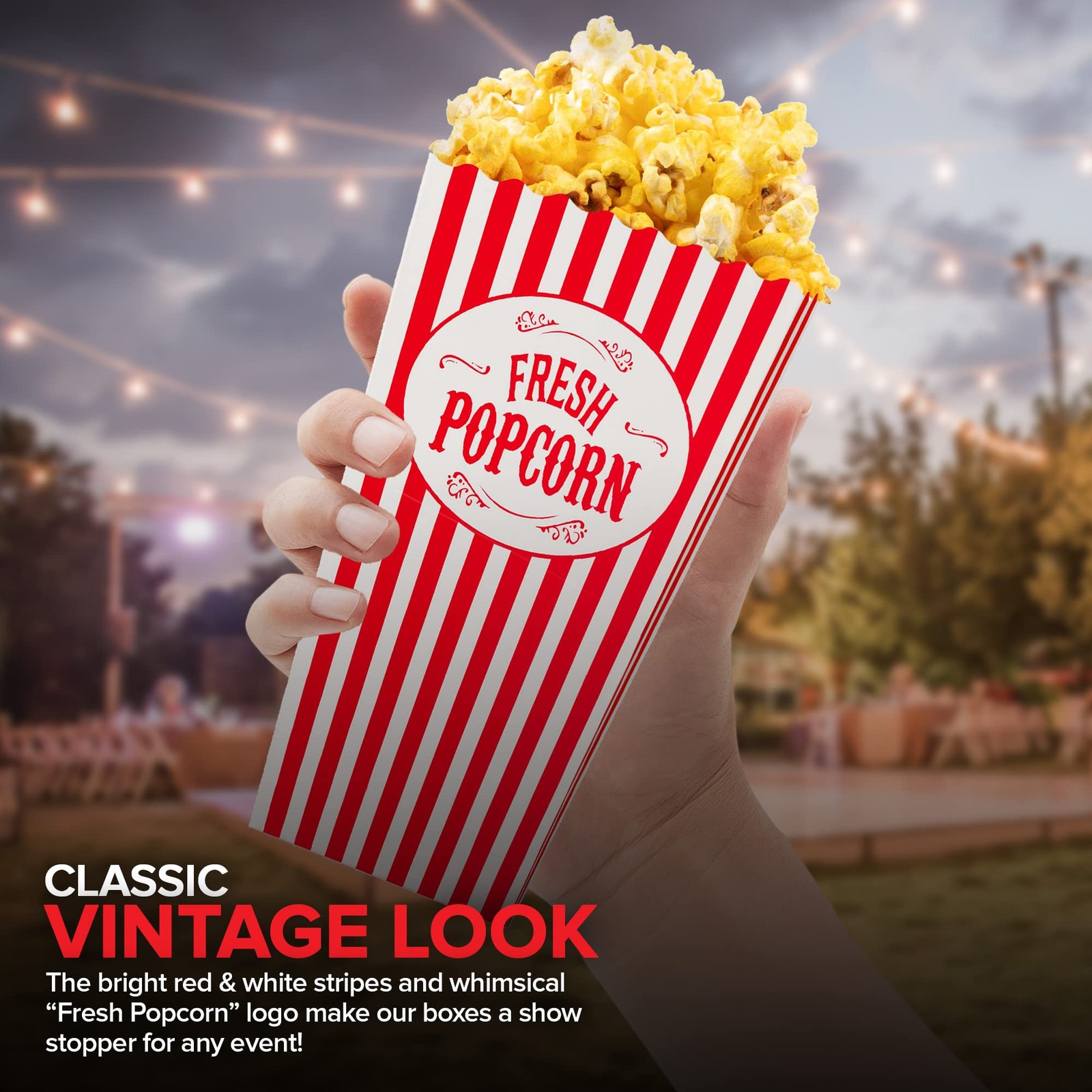 [50 Pack] Movie Theater Popcorn Boxes Disposable Red & White Striped - 30 oz