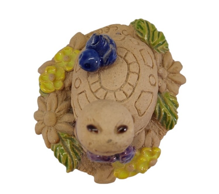 Miniature Clay Smiling Turtle Figurine Partially Glazed