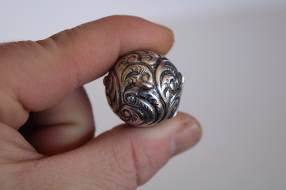 Antique Sterling Silver Repousse Sewing Chatelaine Egg Thimble Case & Pincushion