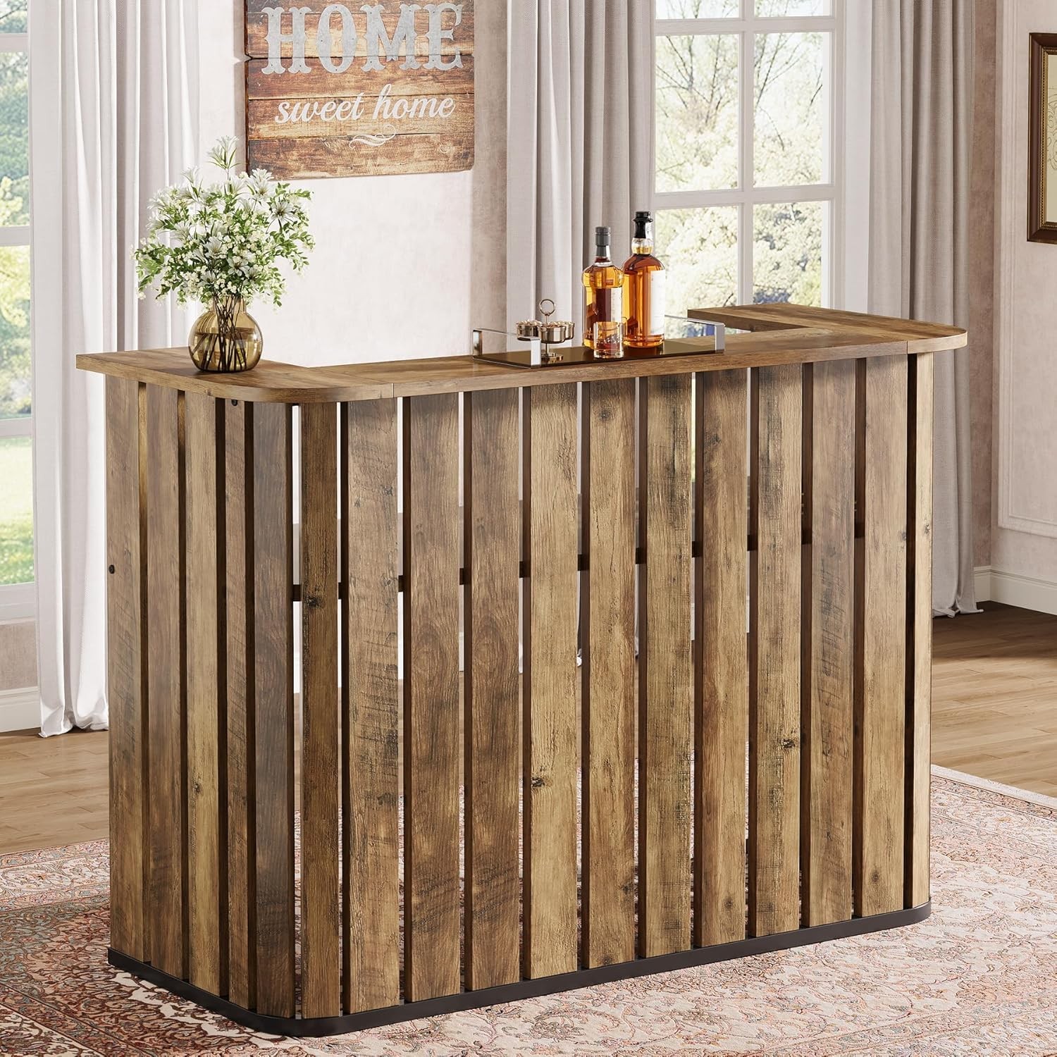 63'' Home Bar Unit, Farmhouse Liquor Bar Table with Storage Shelves, Bar Cabinet