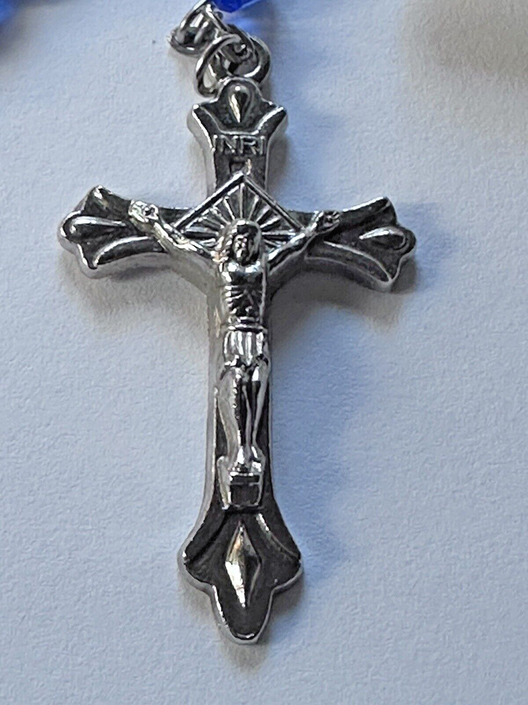 Estate 1960s Vintage Silver Tone Cobalt Blue Crystal Rosary w Case