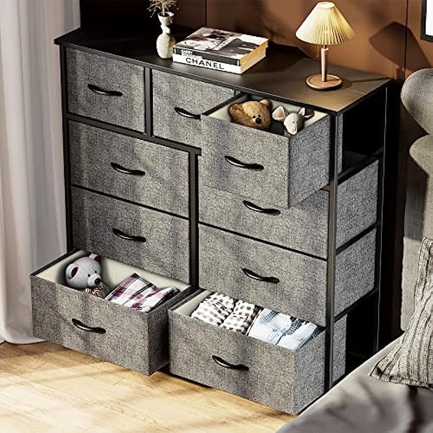 9 Storage Drawer Dresser for Bedroom Tall Wood Dresser with Fabric Storage Tower