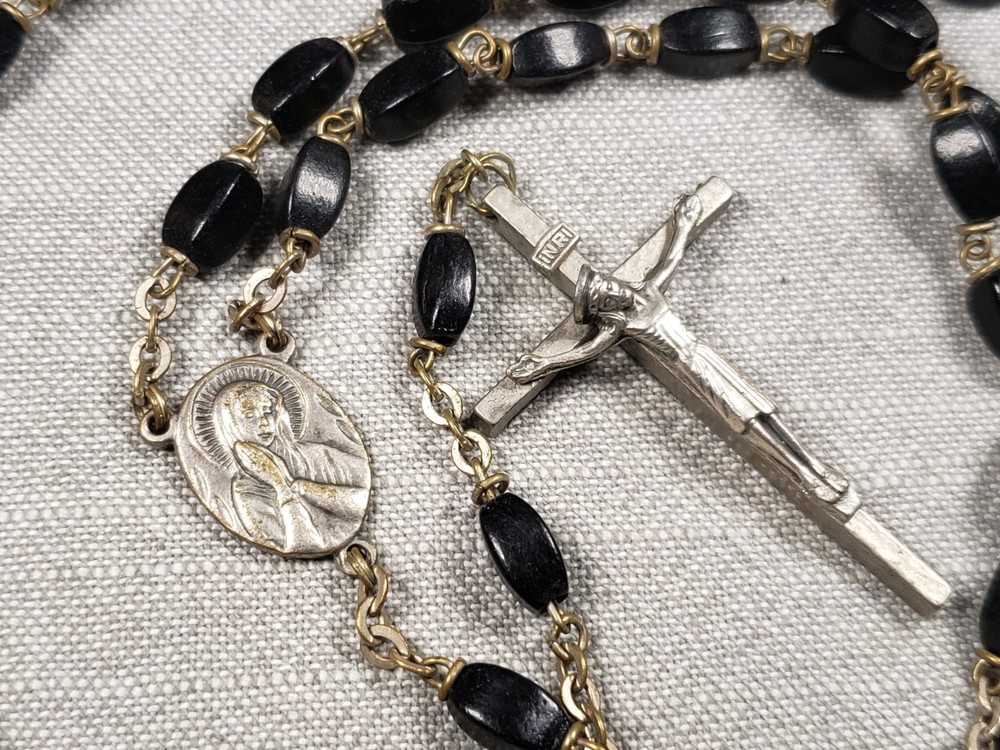 Beautiful Vintage Rosary Black Beads Christian Religious Gift C50