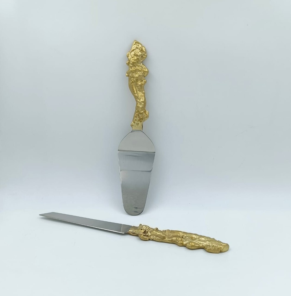 Modern Elegance Cake Server & Knife Set – Brass & Steel Wedding Tableware