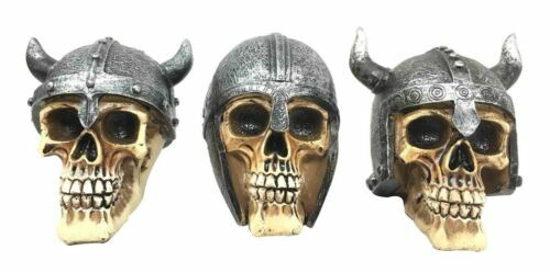 Set of Three Viking Warlords Skull With Battle Helmets Figurine Norse Mythology