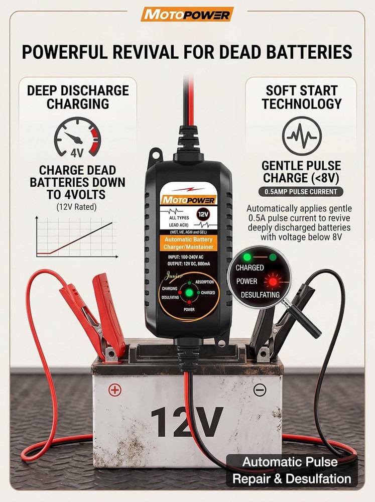 12V 800mA Automatic Battery Charger & Maintainer - Safe & Easy Operation
