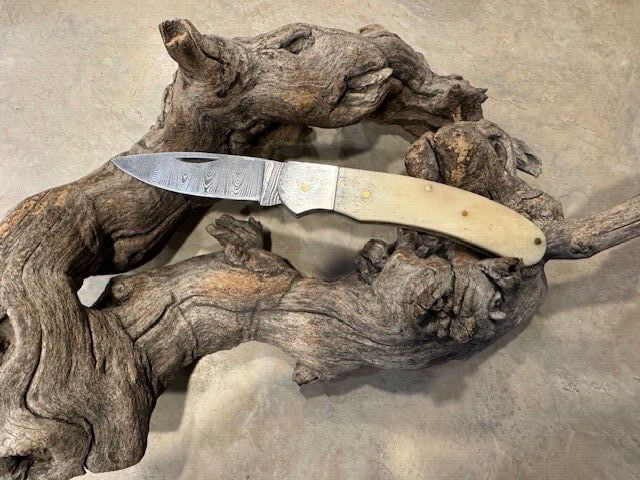Big Damascus folding blade knife w/ White Bone handle