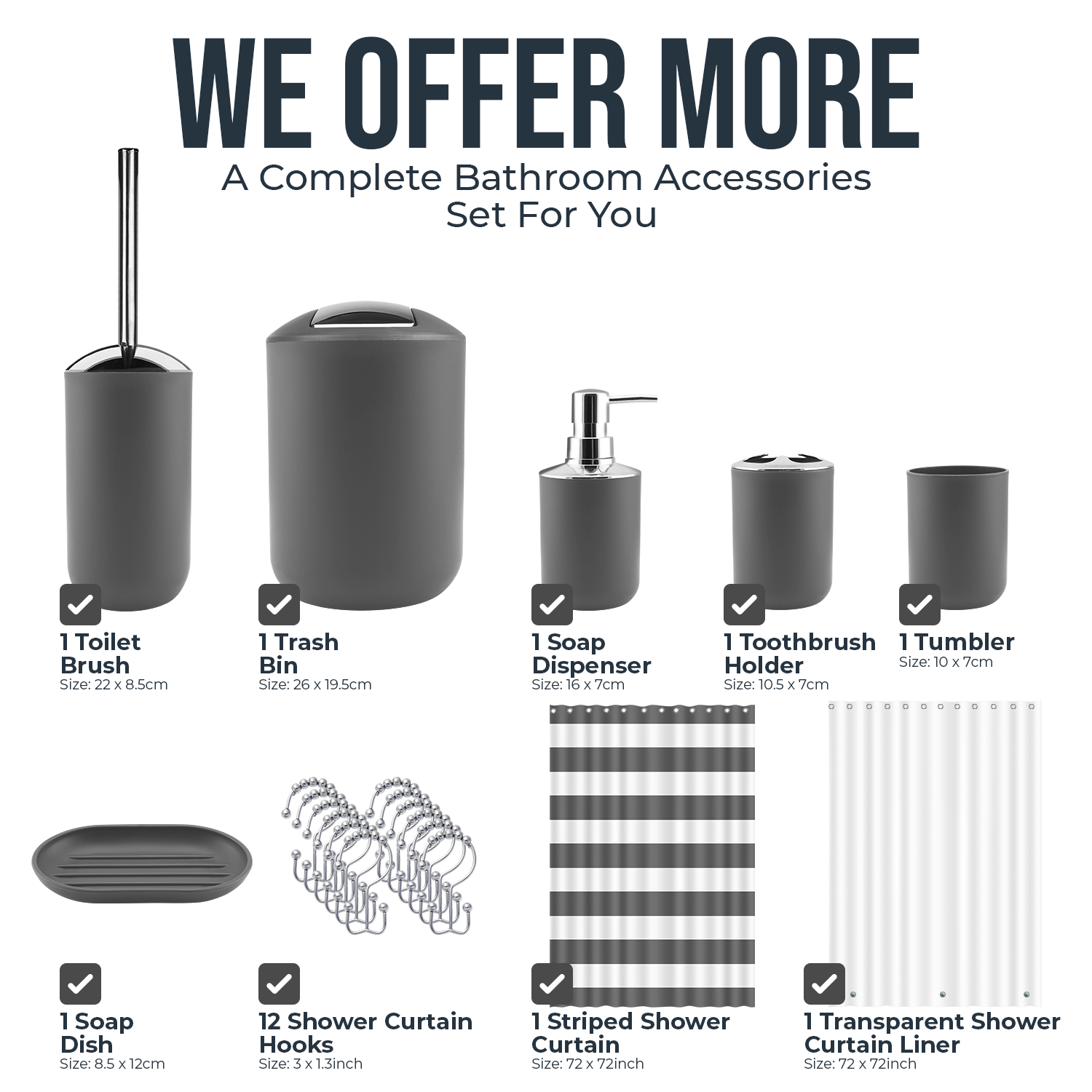 12 Piece Bathroom Accessories Set Shower Curtain 3 Rugs Toilet Brush and More