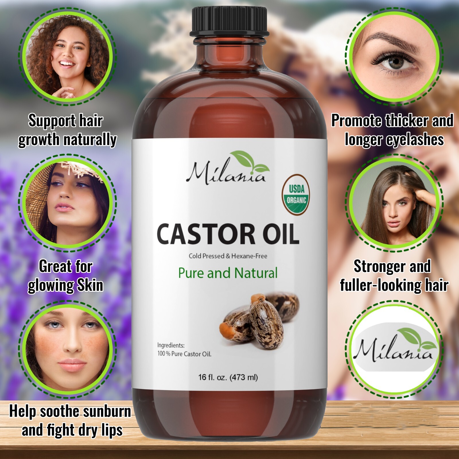 Milania Organic Castor Oil (16oz) - Glass Bottle - Cold Pressed & Hexane-Free.