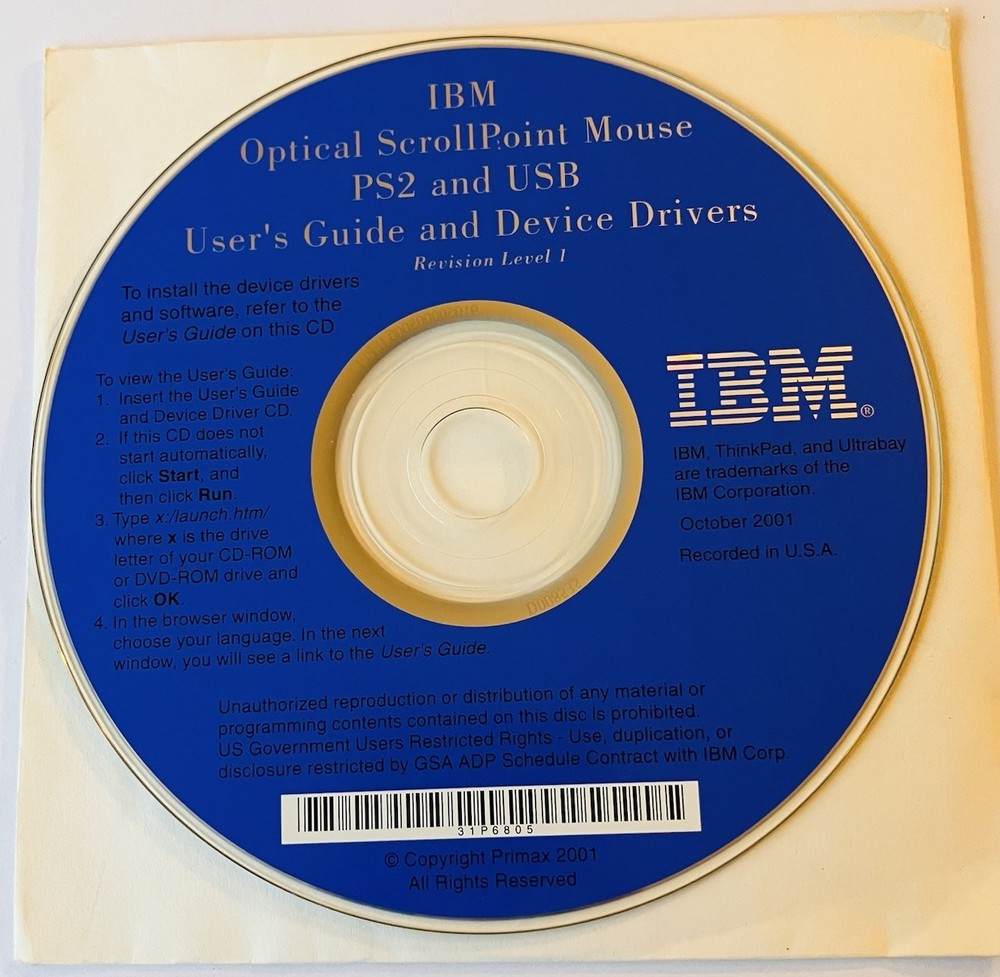 IBM Driver Mint Disc Lot (3) Optical ScrollPoint Mouse, V.90 WinModem, IBM CD-RW