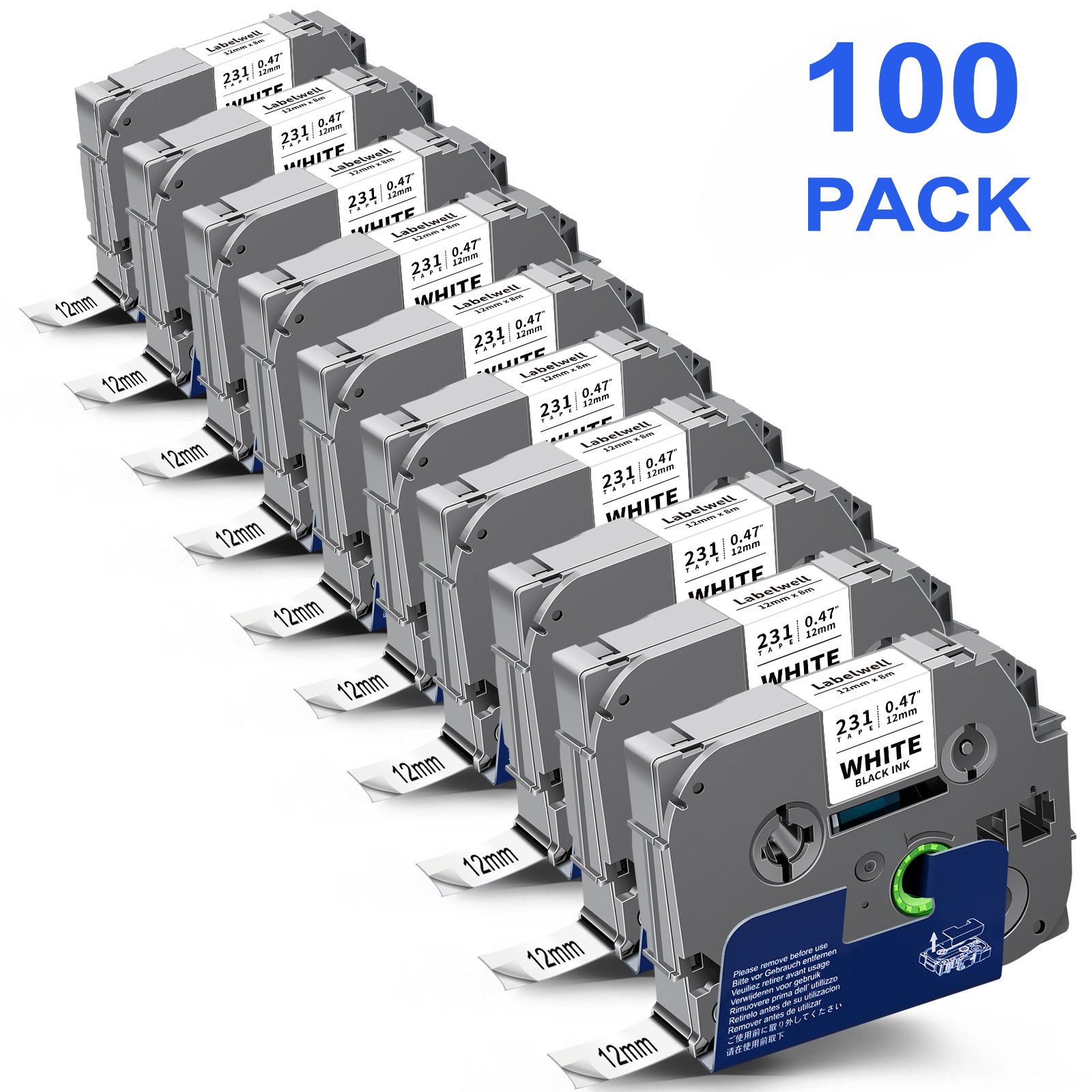 100PK For Brother P-Touch TZe-231 TZ231 12mm White Standard Laminated Label Tape