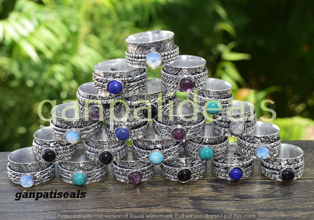 20pc BULK LOT Larimar & Multi Gemstone 925 Silver Plated Meditation Spinner Ring