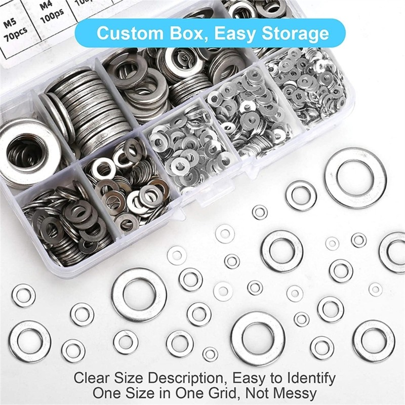 800Pcs Sturdy Stainless Steel Flat Washers Assortment Set Multiple Size