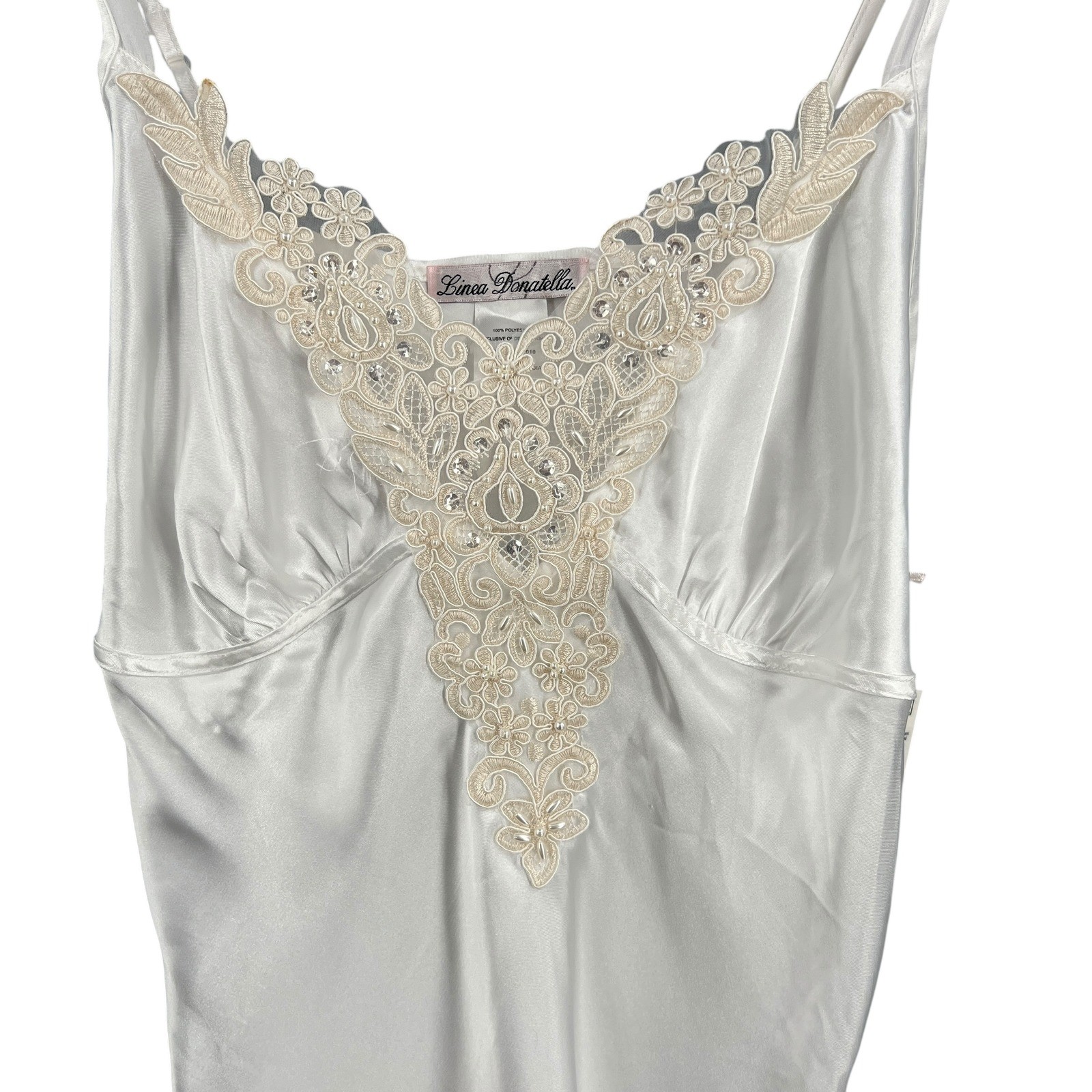 Linea Donatella White Satin Slip Nightgown Lace Beaded Bridal Size M New