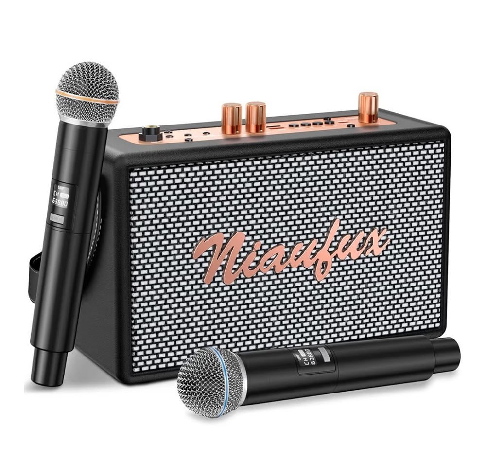 Karaoke Machine, Retro-Design Speaker with 2 Wireless Microphones New