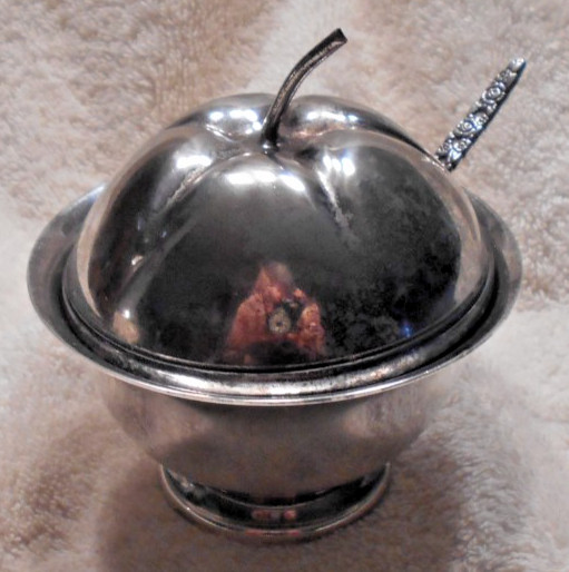 Set of 2 Silverplate Apple Style Jam/Preserves Containers with Spoons