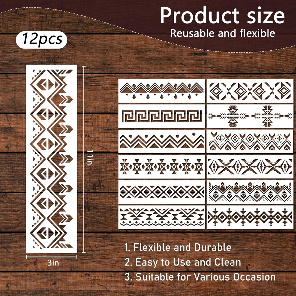Keluna Aztec Stencils - 12 Pcs Boho Borders Pattern Stencils for DIY Wall & W...