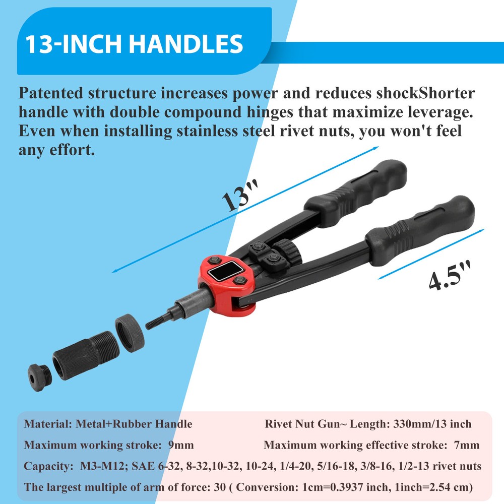 1510PC Rivet Nut Gun Kit Rivnut Setting Tools Nut Setter Tool Hand Blind Riveter