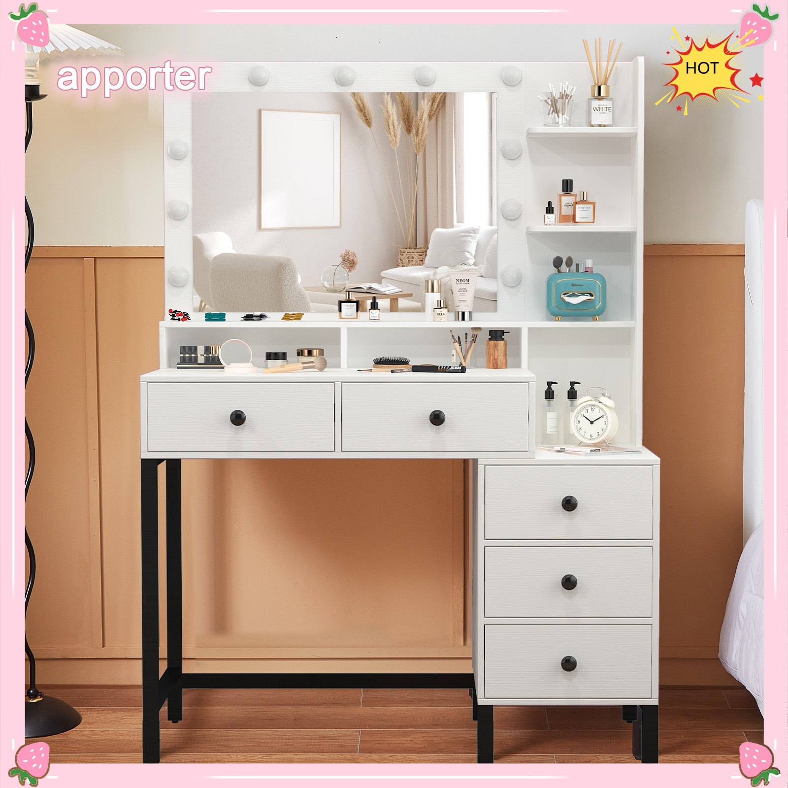 11 Led Lights Makeup Desk Set With Mirror Dressing Dresser Table White Vanity
