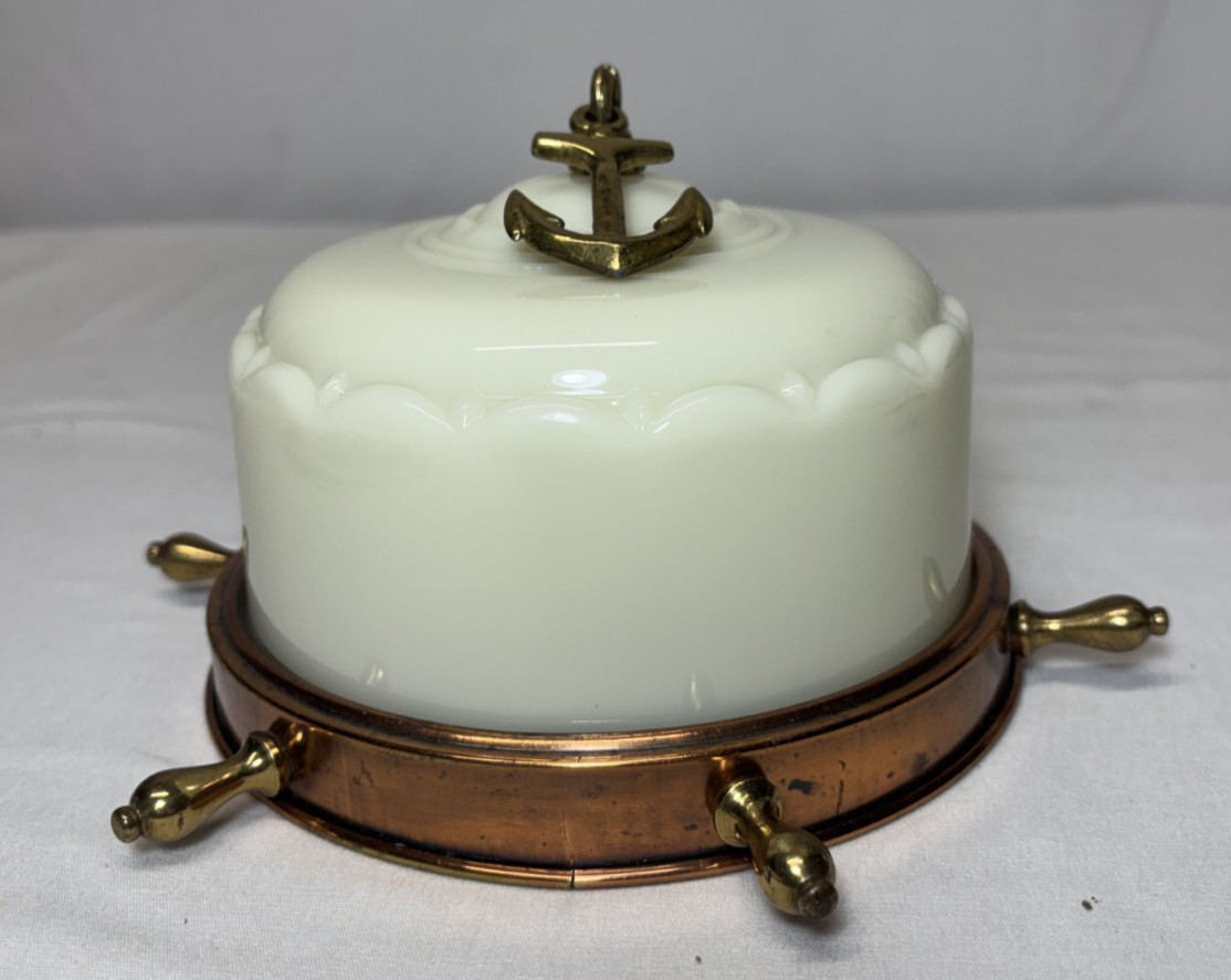 Vtg Nautical Light Fixture MCM Brass Anchor Closet Custard Art Glass Shade #L60