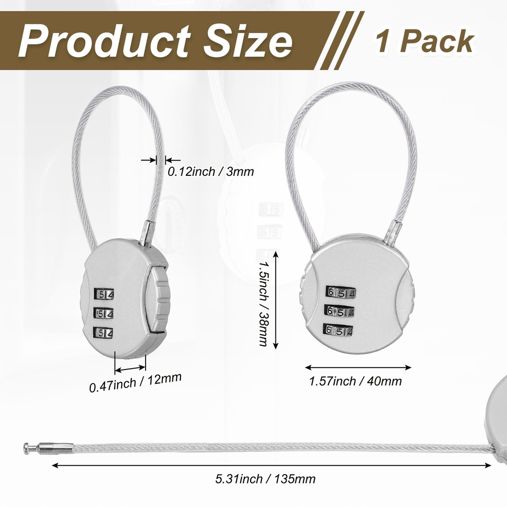 1-Pack Combination Padlock, 3 Digit Round Shaped Cable Luggage Lock [Silver]