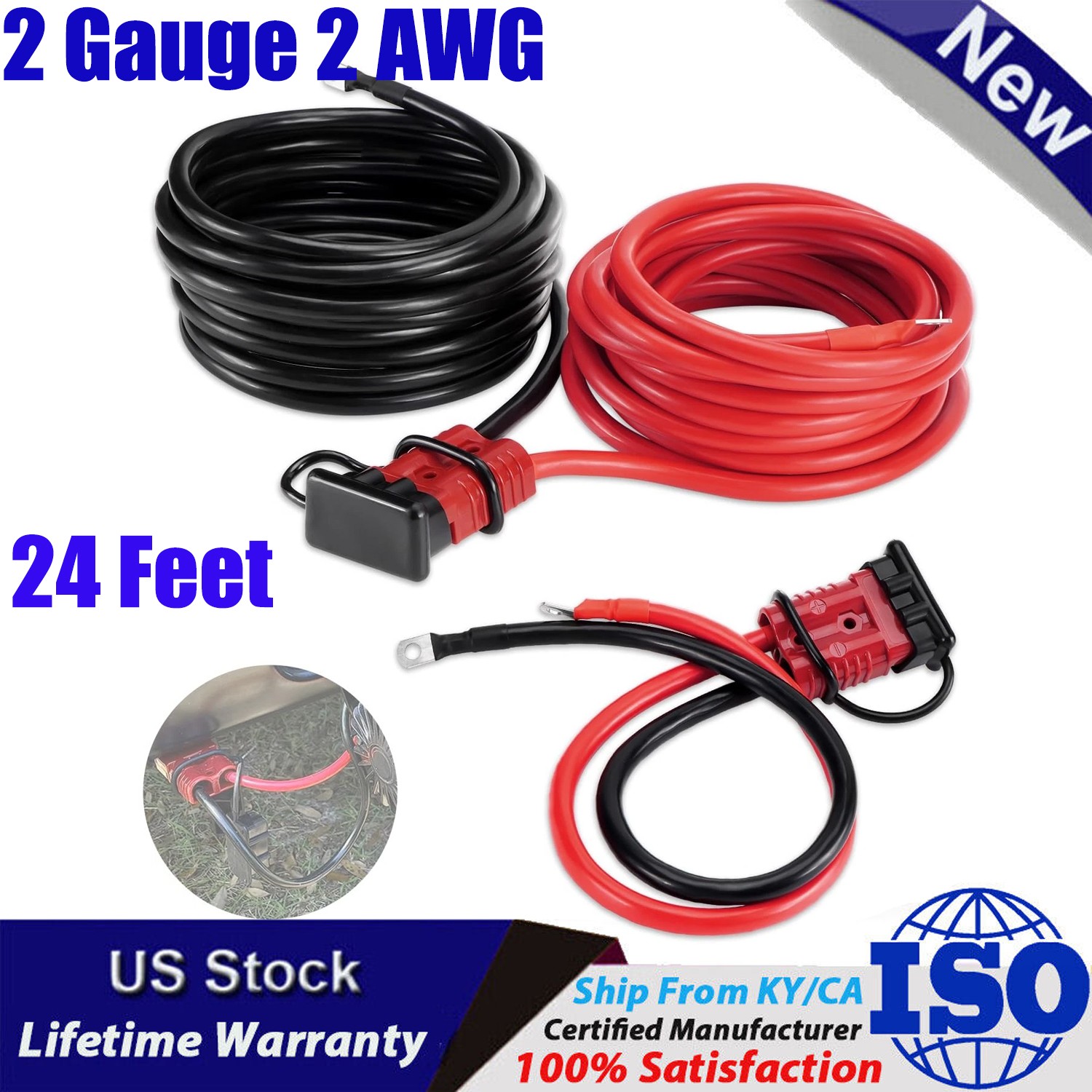 Heavy Duty 24 FT Quick ,Disconnect Winch Power Cable 2 Gauge 2 AWG Copper Wiring