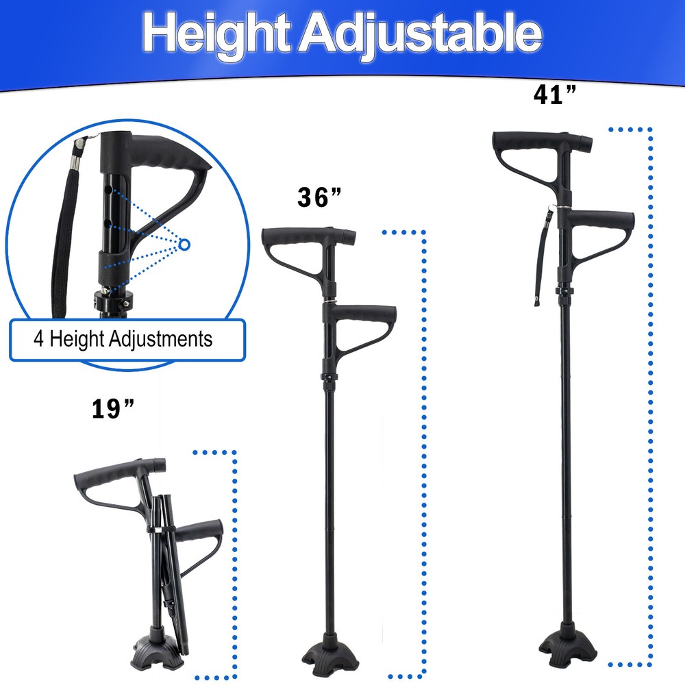 Walking Cane w LED Light 2nd Rotating Support Handle Folding Self Standing Base