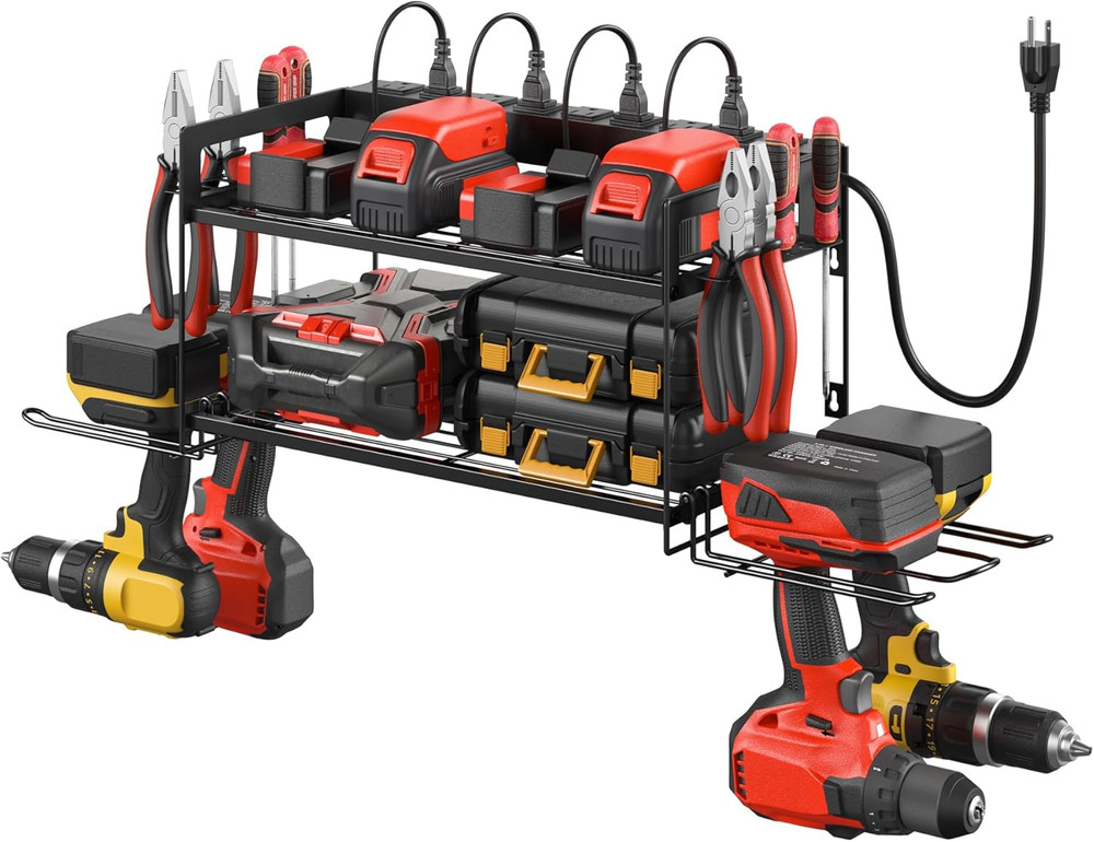 Garage Tools Storage with Charging Station. Power Tool Battery Organizer Utility