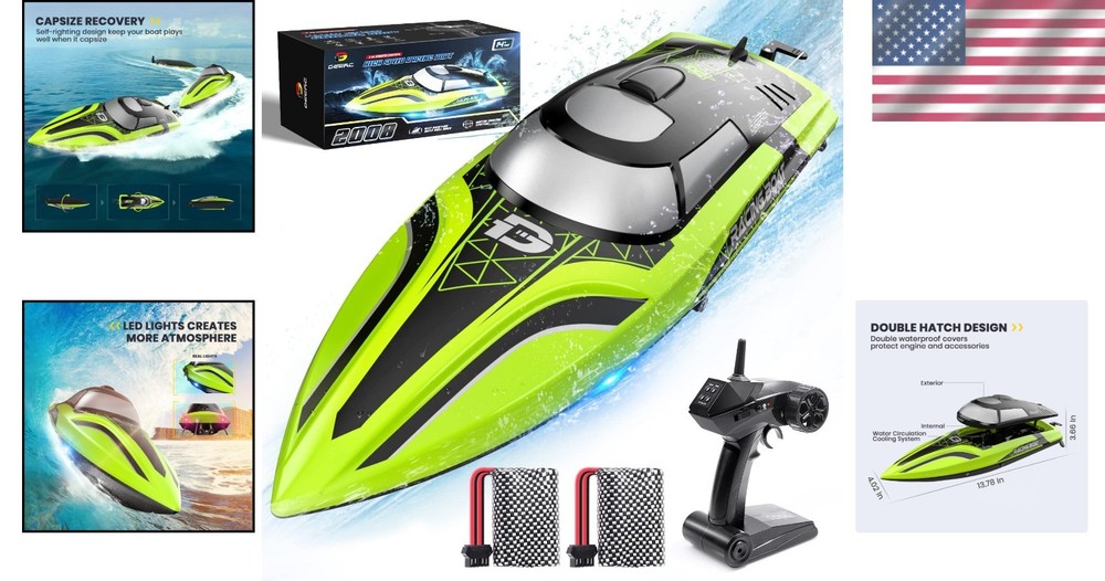 Self-Righting Remote Control Boat with Rechargeable Batteries & LED Light