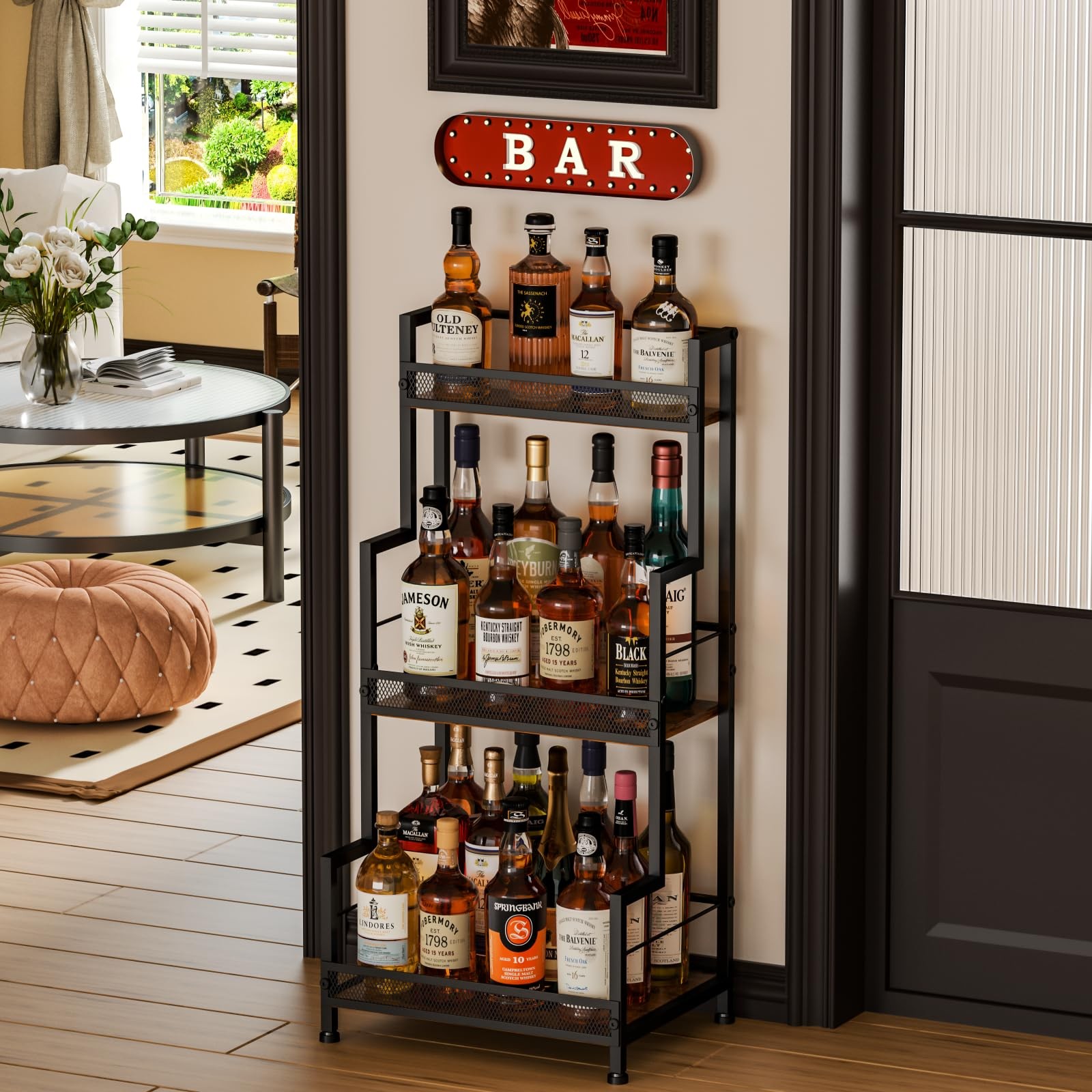 3-Tier Liquor Cabinet Wine Bottle Display Shelf for Home Bar Space Saving