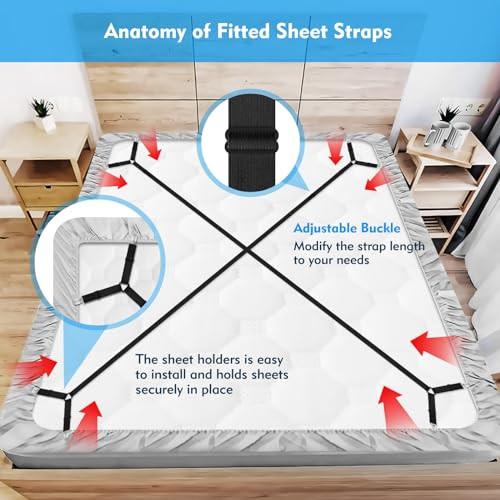Bed Sheet Straps, 2Pcs Elastic Adjustable Bed Sheet Holder Straps, Fitted