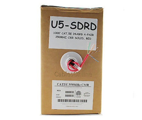 1000ft CAT5e RJ45 24AWG 350mhz CMR Solid Red Ethernet Cable Pull Box, U5-SDRD