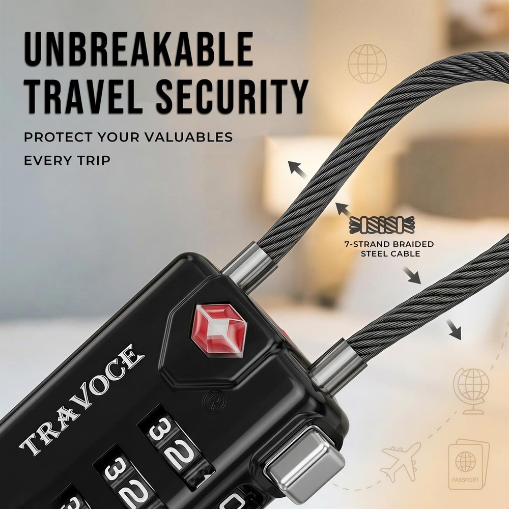 TSA Approved 3-Digit Combination Cable Locks for Luggage, Backpacks, 4 Pack