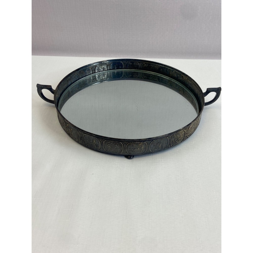 Vintage Webster Co Silverplate Mirrored Vanity Tray Ornate Round Perfume Display