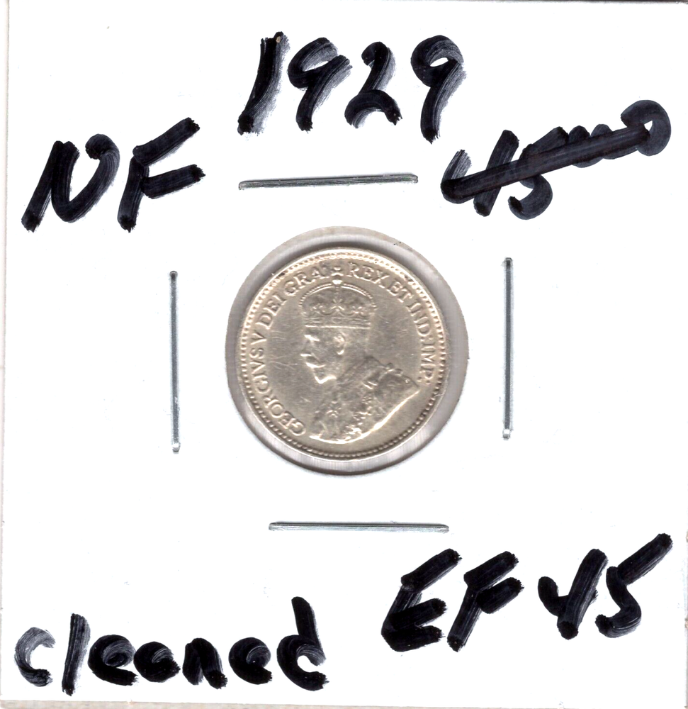 1929 Newfoundland 5 Cents Silver Coin - EF (Cleaned)