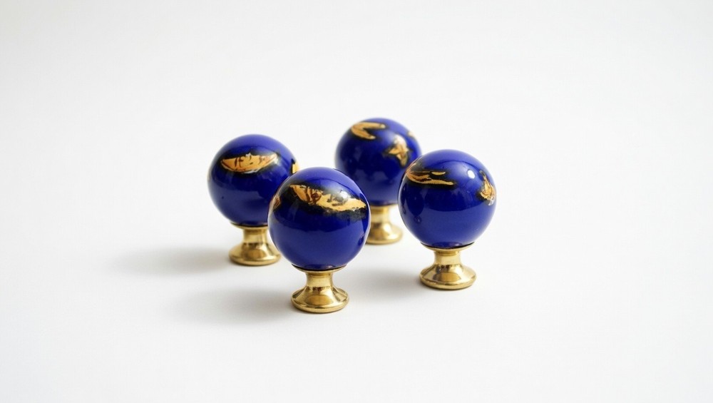 VTG Blue Celtic Porcelain Brass  Knobs Drawer Pulls With Hardware