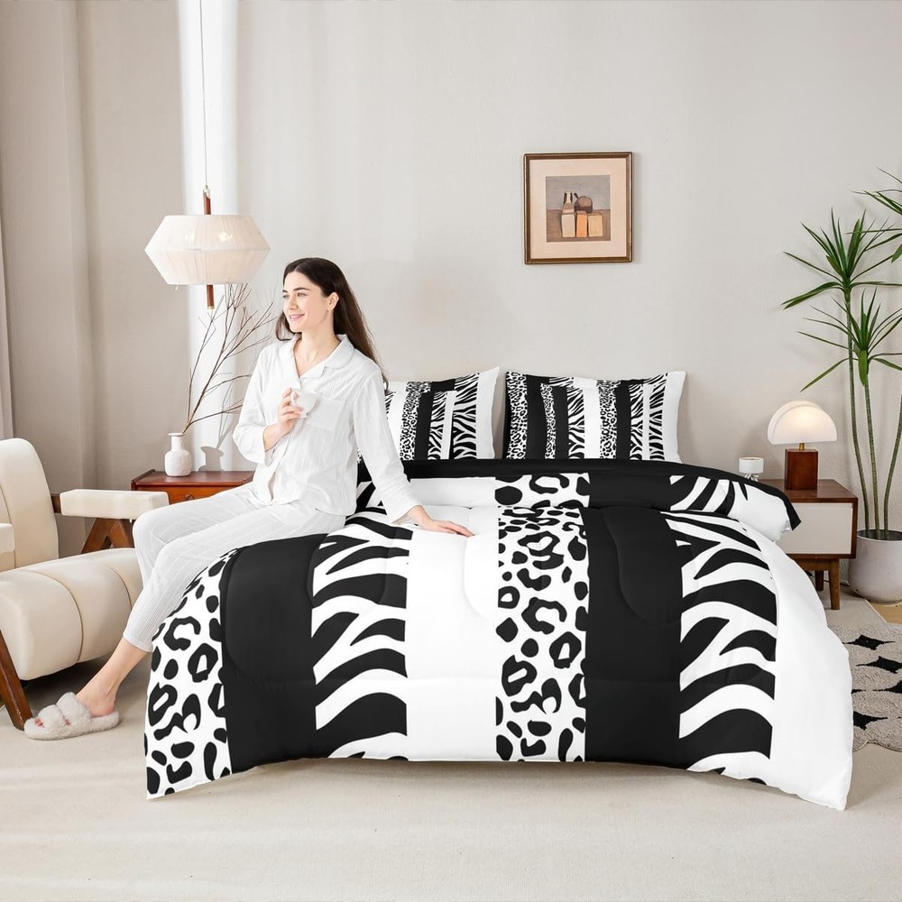 Zebra Stripes Comforter Set Size 7 Pieces Leopard Print Full Balck White