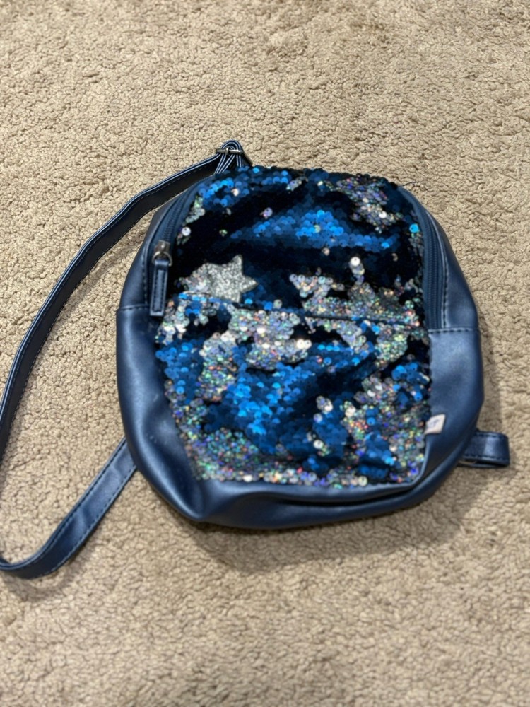 Girls Small Backpack Blue Rhinestone Two Pockets Adjustable Straps