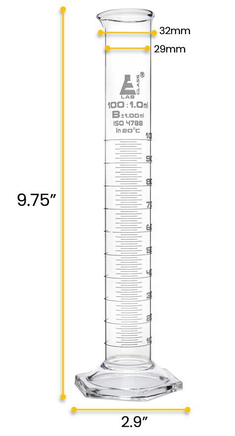 Eisco Labs 100ml Graduated Cylinder, Class B - White Graduations, Hexagonal Base