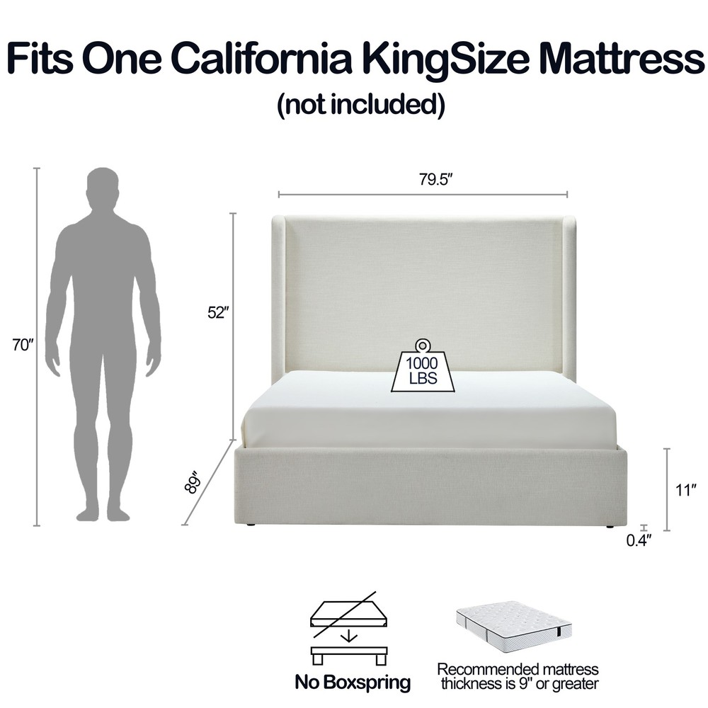 Carmen Upholstered Wingback Bed / Upholstered Platform Bed Frame / 52" High He