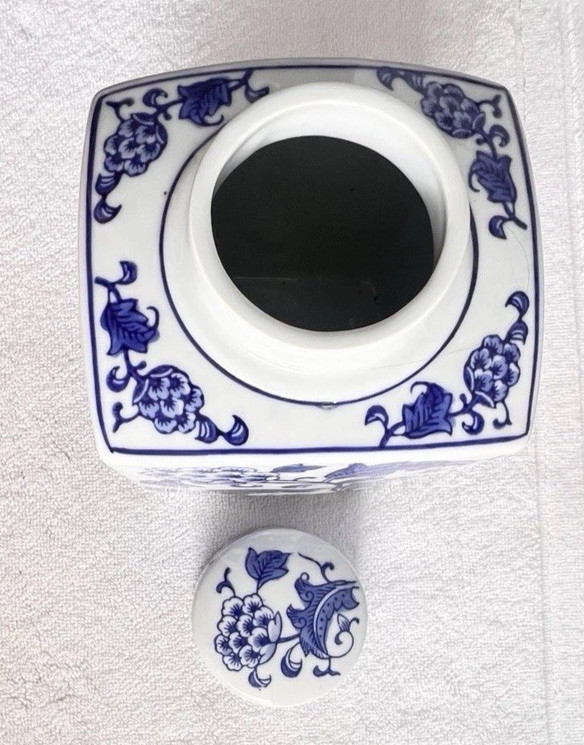 Chinoiserie Square Ginger Jar Small Blue White Floral Ceramic Lidded 4.5 x 4 x 7