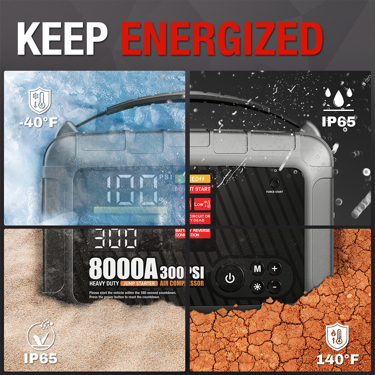 AdoreTrip 8000A Jump Starter +300PSI Air Compressor Battery Power Bank Emergency