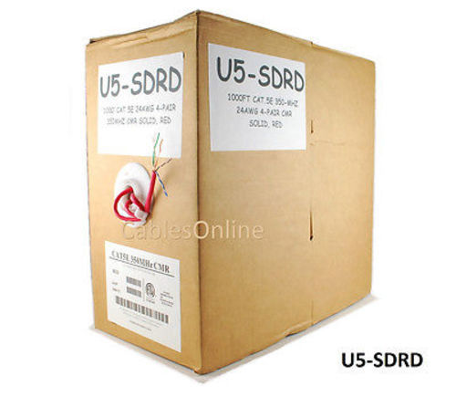 1000ft CAT5e RJ45 24AWG 350mhz CMR Solid Red Ethernet Cable Pull Box, U5-SDRD