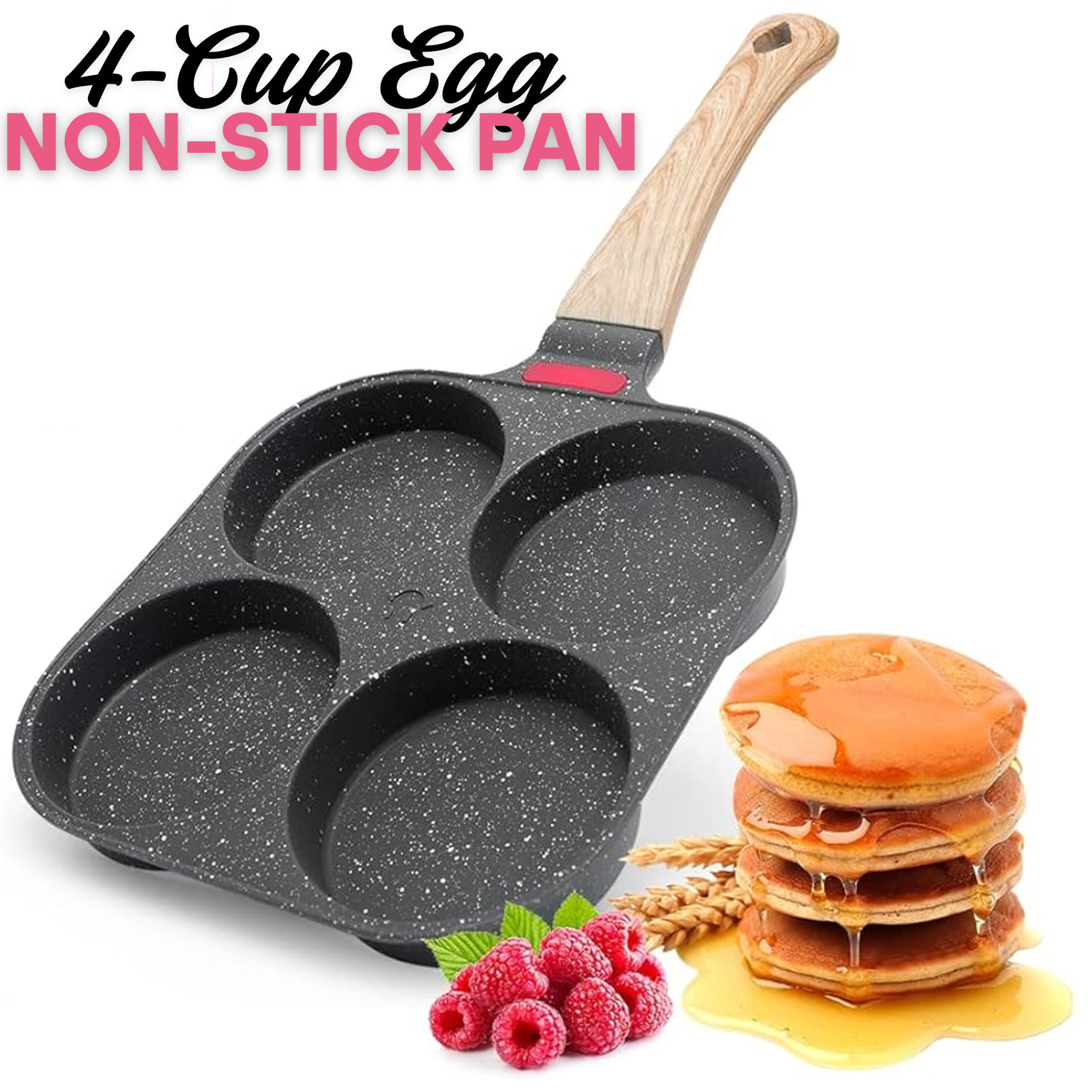 4 Hole Cup Egg Hamburger Pancake Maker Non-Stick Frying Pan with Wooden Handle